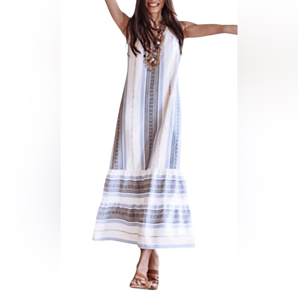 J Jill Embroidered Maxi Dress Blue White Stripe Sz Medium Cotton Beach Boho K-11